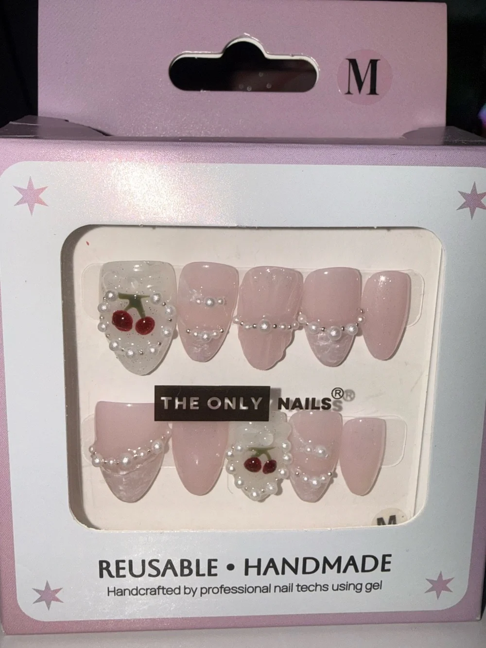The Only Nails Pink Pearl & Cherry Design Reusable Handmade Press-On Nails